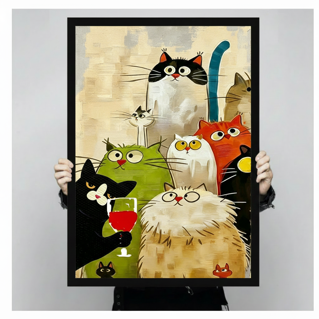 Colorful cartoon cat party framed canvas print held by two hands against light gray background for size reference