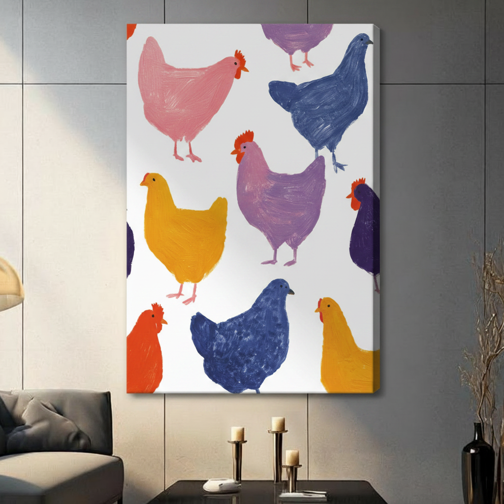 Playful thick-texture oil painting of a colorful flock of nine chickens on a clean white background including a soft pink hen a bold dark navy blue hen a mauve purple rooster with red comb a bright golden yellow hen and orange and deep indigo hens rendered in expressive impasto brushwork with rich color and texture cottagecore farmhouse chicken art stretched canvas print hanging in a contemporary living room with dark gray tiled wall
