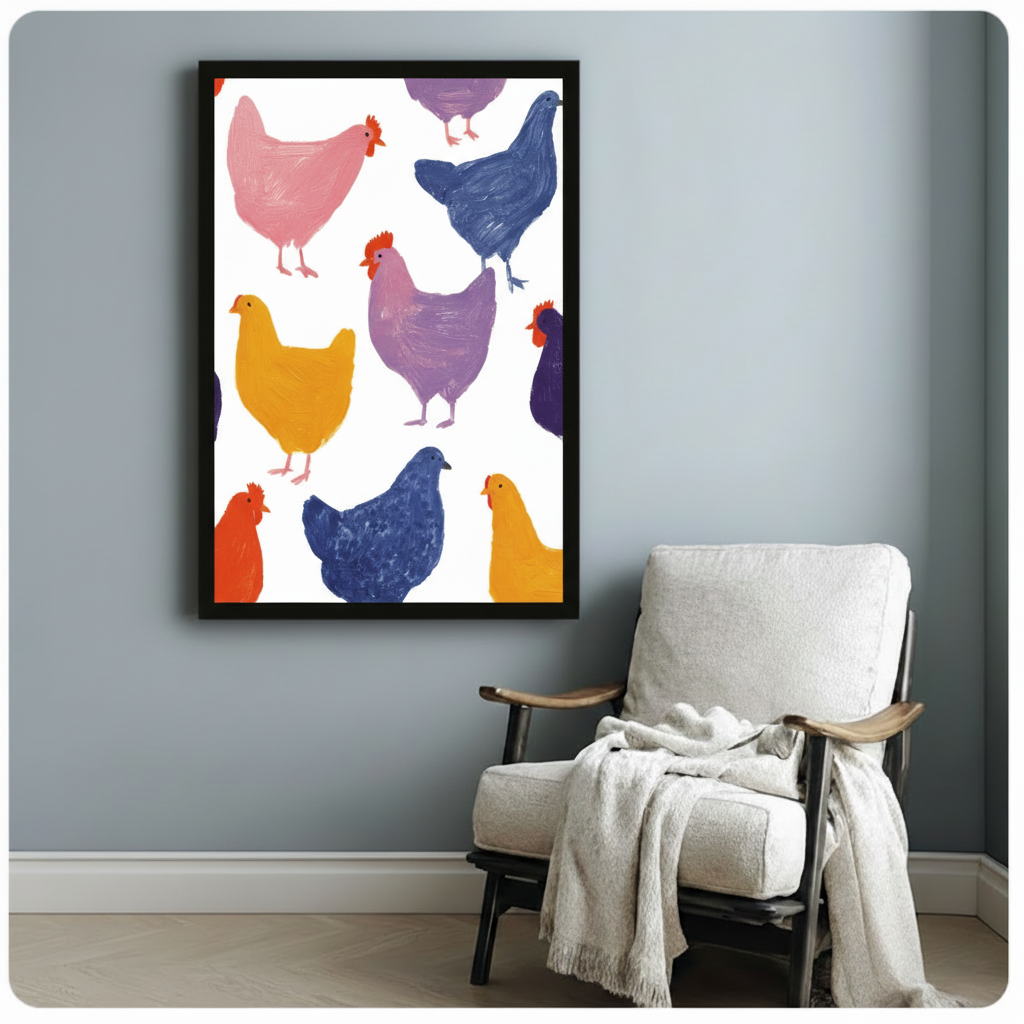 Charming impasto oil painting art print of nine multicolored hens and roosters in a loose scattered arrangement on a white background with a blush pink hen a dark blue hen a soft purple rooster a warm golden yellow hen an orange-red hen and additional richly colored chickens each painted with bold visible brushstroke texture and vivid red combs fun colorful poultry wall art framed poster displayed beside a white fabric lounge chair with draped throw blanket against a soft blue-gray wall