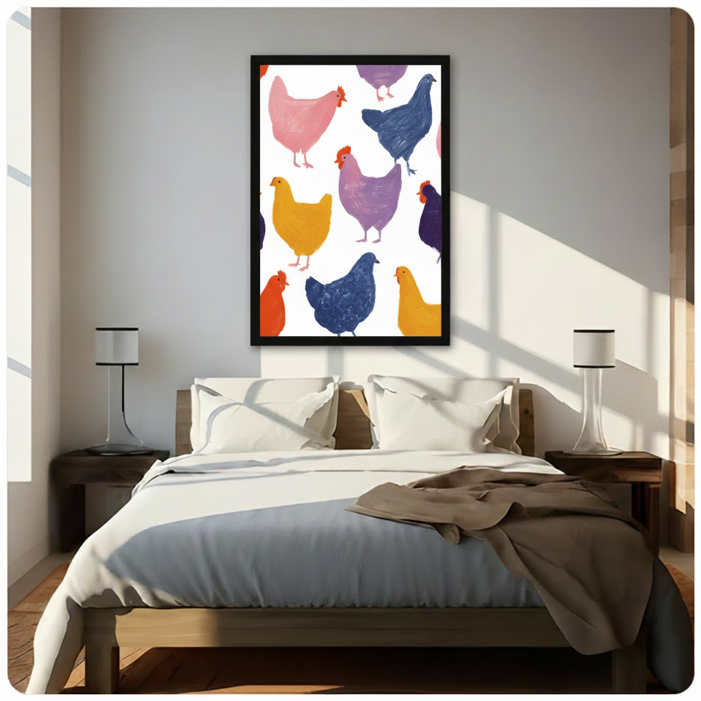 Joyful impasto oil painting of nine colorful hens and roosters loosely scattered across a bright white background featuring pink navy blue lavender purple golden yellow and orange-red chickens painted with expressive thick brushstroke texture and vivid red combs modern cottagecore farmhouse chicken flock wall art framed print hanging above a modern bedroom bed with white linen bedding, dark wood nightstands, and minimalist white table lamps