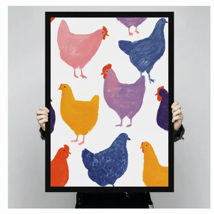 Bold impasto oil painting print of a cheerful group of nine colorful chickens scattered on a white background including a large pink hen a dark navy hen a purple rooster a golden yellow hen and orange blue and indigo chickens all featuring rich expressive paint texture and bright red combs colorful farmhouse poultry wall art framed print held up for size reference against a light gray neutral background