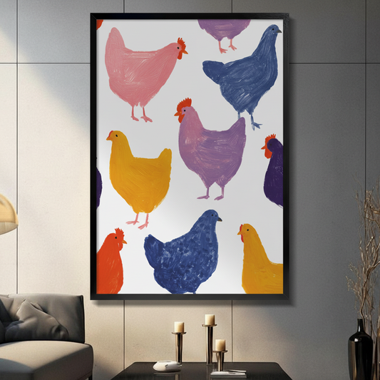 Whimsical impasto oil painting of nine colorful hens and roosters scattered across a white background featuring a large pink hen a deep navy blue hen a lavender purple rooster a golden yellow hen an orange-red hen and additional blue purple and yellow chickens all painted with visible expressive brushstroke texture and bright red combs fun farmhouse chicken flock wall art framed print displayed in a living room with dark gray sofa, pillar candle holders, and black decorative vase