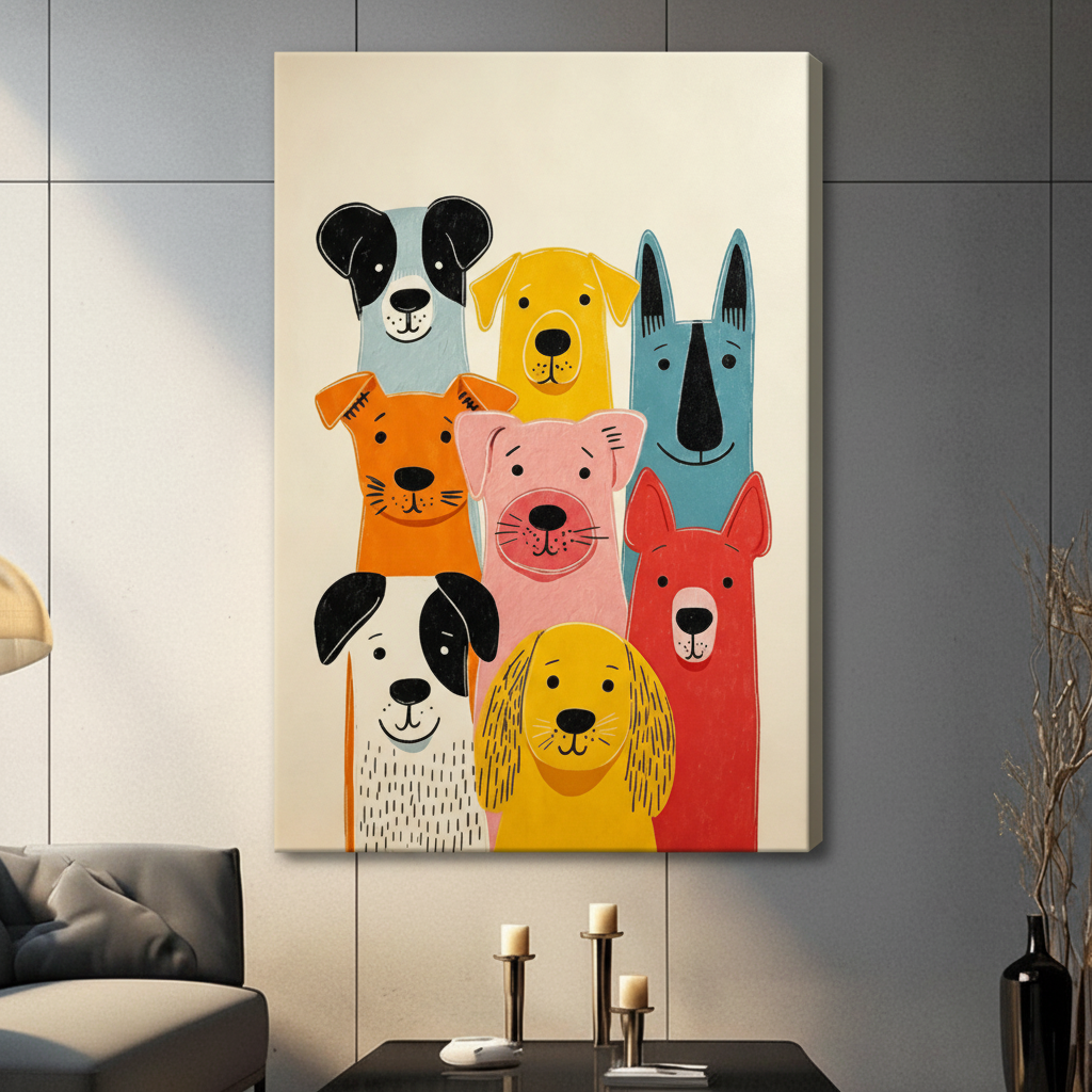 Cheerful mid-century modern flat illustration of a crowd of seven cartoon dogs stacked together in a group including a blue Border Collie yellow Labrador tall teal Greyhound orange terrier pink Bull Terrier white spotted dog and red dog each drawn in bold simple outlines and bright color blocks on a cream off-white background fun colorful pet wall art stretched canvas print hanging in a contemporary living room with dark gray tiled wall