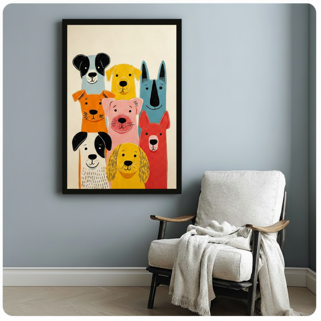Playful minimalist art print of seven cartoon dogs huddled together in a colorful flat-design group portrait with a blue-gray Border Collie golden Labrador teal Greyhound burnt orange terrier pink Bull Terrier white and black spotted dog and brick red dog depicted in bold simple linework and solid color shapes on a warm cream background Scandinavian dog illustration framed poster displayed beside a white fabric lounge chair with draped throw blanket against a soft blue-gray wall
