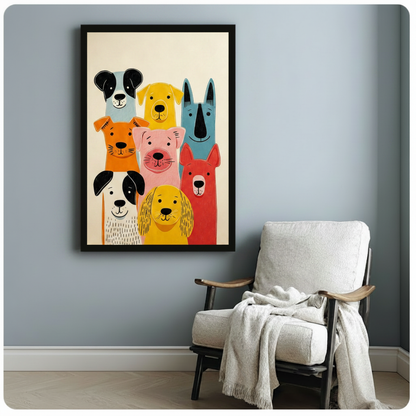 Playful minimalist art print of seven cartoon dogs huddled together in a colorful flat-design group portrait with a blue-gray Border Collie golden Labrador teal Greyhound burnt orange terrier pink Bull Terrier white and black spotted dog and brick red dog depicted in bold simple linework and solid color shapes on a warm cream background Scandinavian dog illustration framed poster displayed beside a white fabric lounge chair with draped throw blanket against a soft blue-gray wall