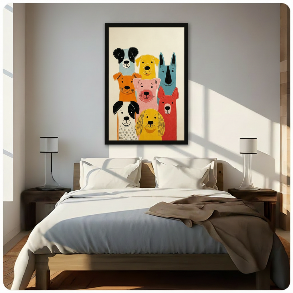Fun Scandinavian-inspired minimalist illustration of a group of seven cartoon dogs in vibrant flat color blocks including a blue Border Collie sunny yellow Labrador slim teal Greyhound orange terrier soft pink Bull Terrier white spotted dog and deep red dog with clean simple ink outlines on an off-white cream background modern colorful dog portrait wall art framed print hanging above a modern bedroom bed with white linen bedding, dark wood nightstands, and minimalist white table lamps
