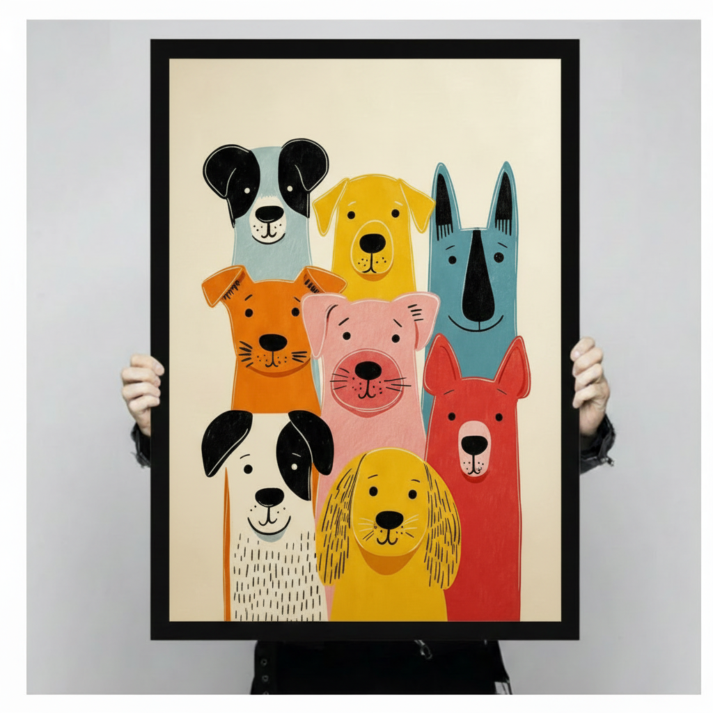 Bold flat minimalist illustration art print of seven happy cartoon dogs in a close-up group featuring a blue-gray Border Collie a yellow Labrador a tall narrow teal Greyhound an orange terrier a round pink Bull Terrier a white dog with black spots and a red dog all grouped together with simple expressive black linework on a light cream background colorful dog crew wall art framed print held up for size reference against a light gray neutral background