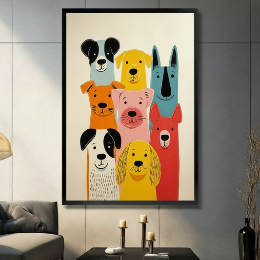 Minimalist Scandinavian-style illustration of seven colorful cartoon dogs in a playful group portrait featuring a blue-gray Border Collie a golden yellow Labrador a tall teal Greyhound an orange terrier a pink Bull Terrier a white spotted dog and a bold red dog all rendered in simple flat shapes and clean ink linework on a warm cream background funny dog squad wall art framed print displayed in a living room with dark gray sofa, pillar candle holders, and black decorative vase