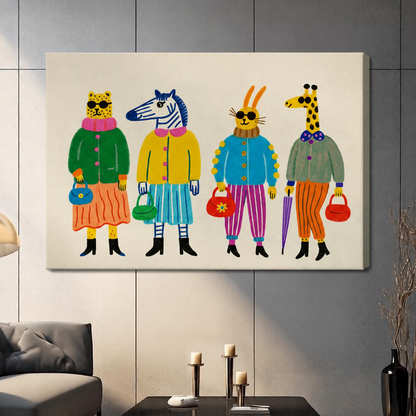 Frameless canvas print of four colorful dressed animals with handbags and umbrella, maximalist illustration wall art for contemporary living room