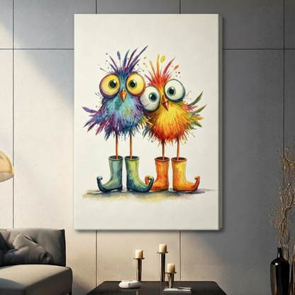 Playful watercolor illustration of two chubby whimsical cartoon birds standing close together the left one a spiky puffball of blue teal purple and rainbow feathers with giant yellow googly eyes and an orange beak tucked into curled dark teal rain boots the right one a round fluffy burst of orange red and golden yellow feathers with wide white eyes and a tiny yellow beak standing in curled orange-yellow wellies both with comically thin straight legs inserted into their boots with loose watercolor paint spla