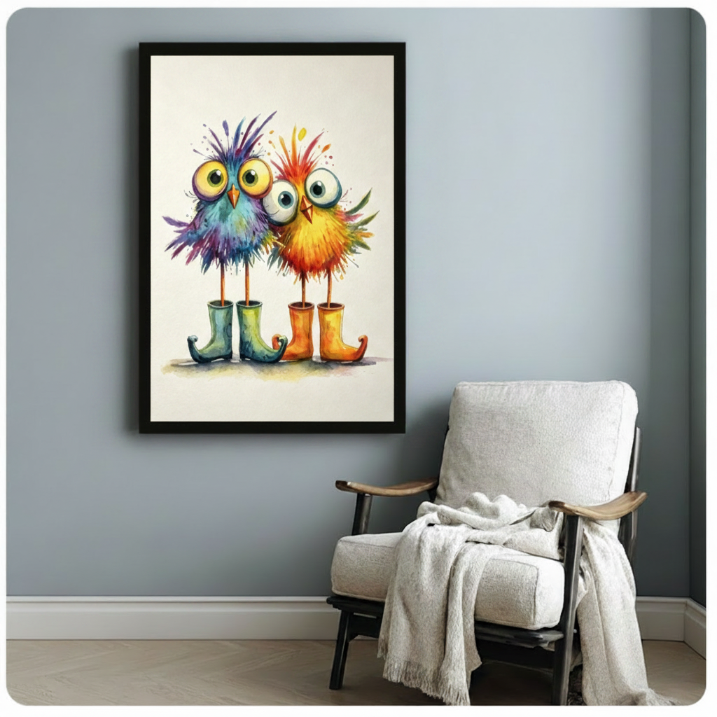 Cheerful watercolor cartoon art of two fluffy round fantastical birds standing side by side with feathers exploding outward in wild splashes of color the left bird a messy globe of blue purple and multicolored feathers with enormous yellow-green eyes and an orange beak wearing dark green curled rubber rain boots the right bird a round puffball of fiery orange yellow and red feathers with big round pale eyes and a small beak wearing bright orange wellies with curled toes both birds have absurdly thin legs go