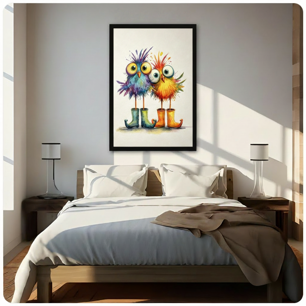 Sweet watercolor painting of two quirky round fluffy cartoon birds standing together the left bird a spiky burst of blue purple and multicolor feathers with oversized yellow eyes and an orange beak wearing curled dark teal green rain boots and the right bird a poofy sphere of bright orange red and yellow feathers with large white round eyes and a small beak wearing orange-yellow curled wellies both standing on impossibly thin legs that drop straight into their rain boots with colorful watercolor splatter ma