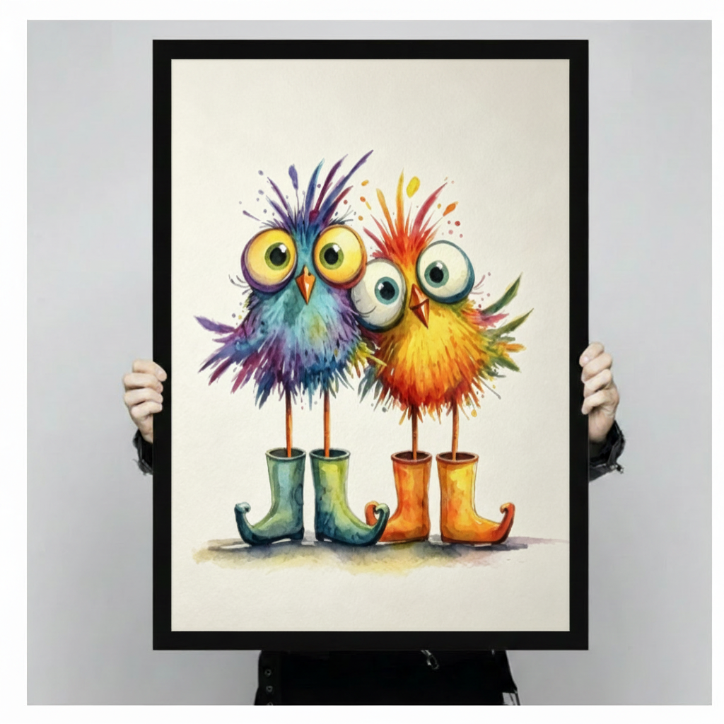 Bold colorful watercolor art print of two round puffball cartoon birds standing shoulder to shoulder the left a wild blue purple and rainbow feathered round bird with huge yellow cartoon eyes and orange beak in curled teal rubber boots and the right an orange red and yellow flaming feather ball bird with white circle eyes and small yellow beak in curled orange-yellow rubber rain boots both with straight thin stick legs going into the boots loose watercolor splatter drops decorating the white background funn