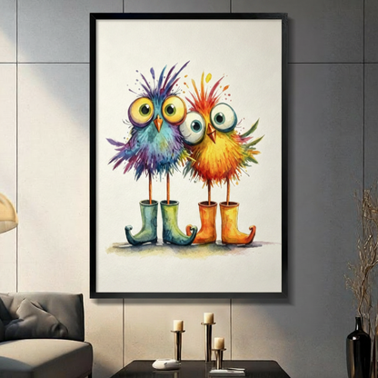 Vibrant watercolor painting of two round fluffy cartoon birds standing side by side the left bird covered in an explosion of blue purple and multicolor spiky feathers with oversized yellow round eyes and an orange beak wearing teal green curled-toe rubber rain boots and the right bird with fiery orange red and yellow exploding fluffy feathers large white round eyes and a small yellow beak wearing matching orange-yellow curled-toe rubber rain boots both birds have impossibly thin sticklike legs dropping into