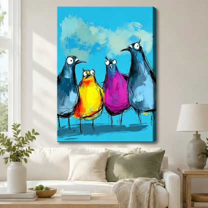 Stretched canvas colorful funny birds squad wall art featuring four googly-eyed cartoon birds in slate blue yellow-orange and magenta rendered in bold expressive brushstrokes on a vivid turquoise blue background, hung above a white sofa with sage green pillows in a bright living room