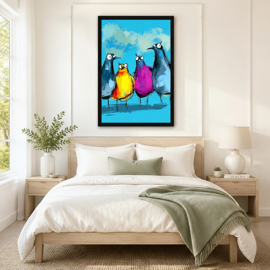 Black framed colorful funny birds squad canvas art with four expressive cartoon birds in slate blue yellow-orange and magenta with wide cartoon eyes on a bold turquoise blue painted background, hung above a light wood bed with white linen bedding and a sage green throw in a serene Scandinavian bedroom