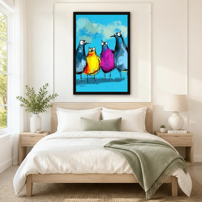 Black framed colorful funny birds squad canvas art with four expressive cartoon birds in slate blue yellow-orange and magenta with wide cartoon eyes on a bold turquoise blue painted background, hung above a light wood bed with white linen bedding and a sage green throw in a serene Scandinavian bedroom