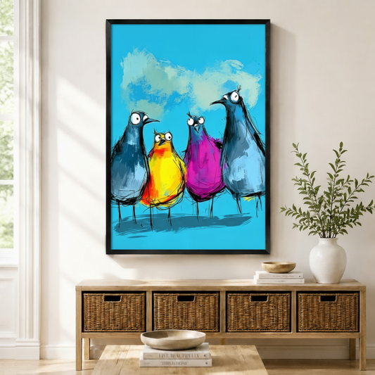 Black framed colorful funny birds squad canvas art with four wide-eyed cartoon birds — two slate blue, one yellow-orange, one magenta — standing together on a vibrant sky blue brushstroke background, displayed above a rattan storage console in a bright entryway