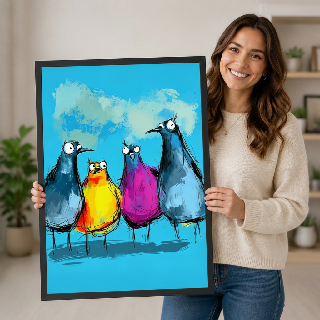 Smiling woman in a cream sweater holding a large black framed colorful funny birds squad canvas art print with four cartoon birds in slate blue yellow-orange and magenta with oversized googly eyes on a vivid turquoise blue brushstroke background