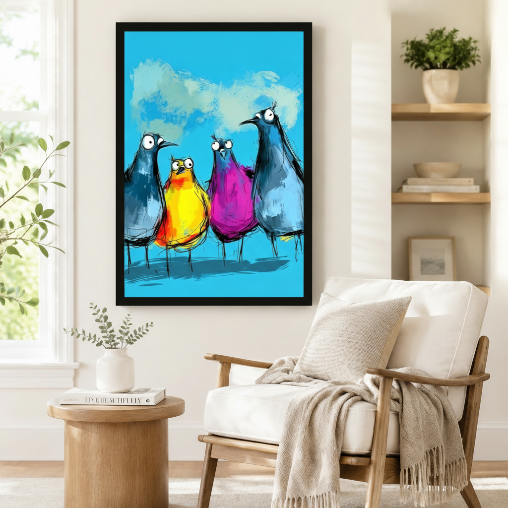 Black framed colorful funny birds squad canvas art showing four quirky wide-eyed cartoon birds — two in slate blue flanking a yellow-orange and a magenta bird — painted in loose expressive strokes on a bright sky blue background, displayed beside a white armchair in a cozy reading nook