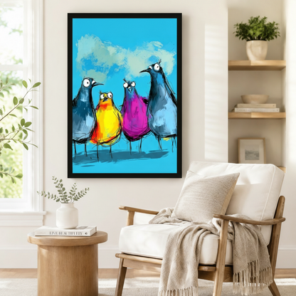 Black framed colorful funny birds squad canvas art showing four quirky wide-eyed cartoon birds — two in slate blue flanking a yellow-orange and a magenta bird — painted in loose expressive strokes on a bright sky blue background, displayed beside a white armchair in a cozy reading nook