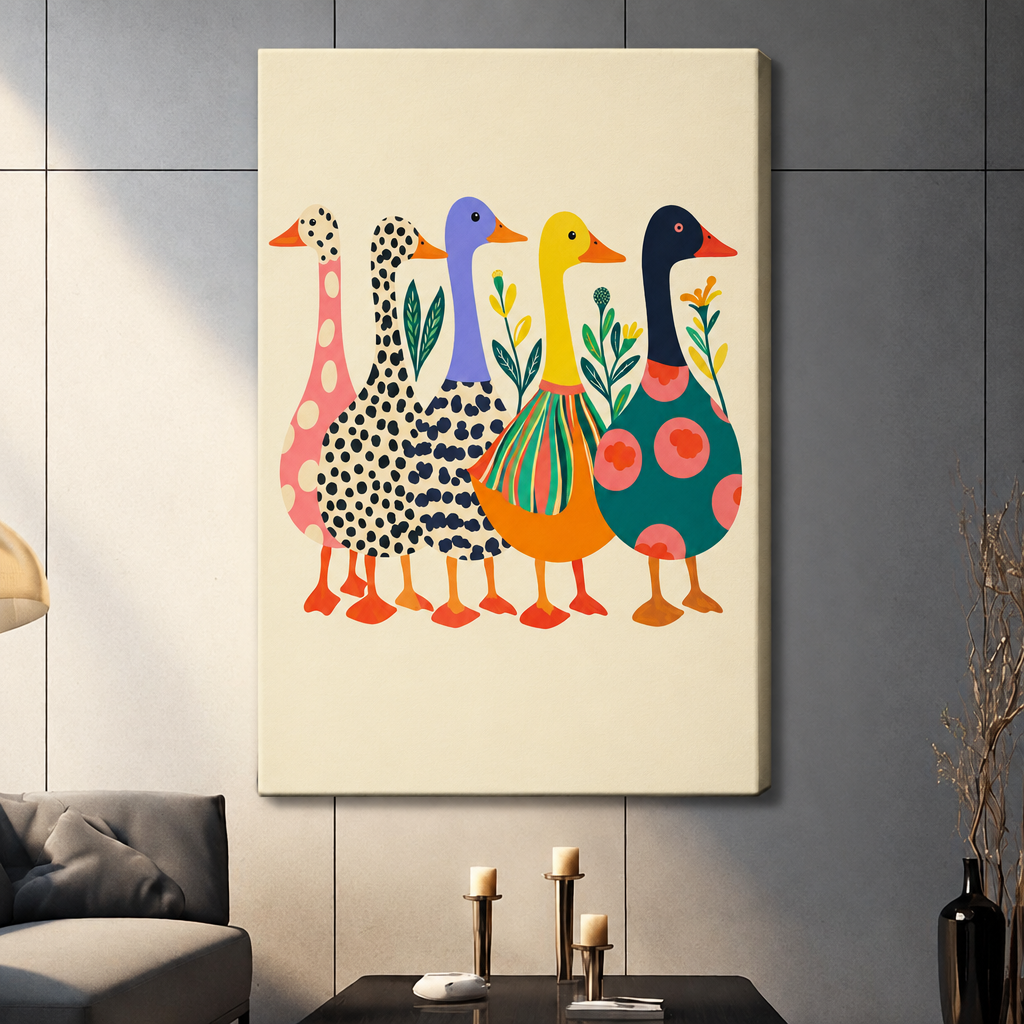 Folk art illustration of five colorful geese with polka dot striped and spotted patterns in pink blue yellow and teal funny animal wall art stretched canvas dark panel wall living room