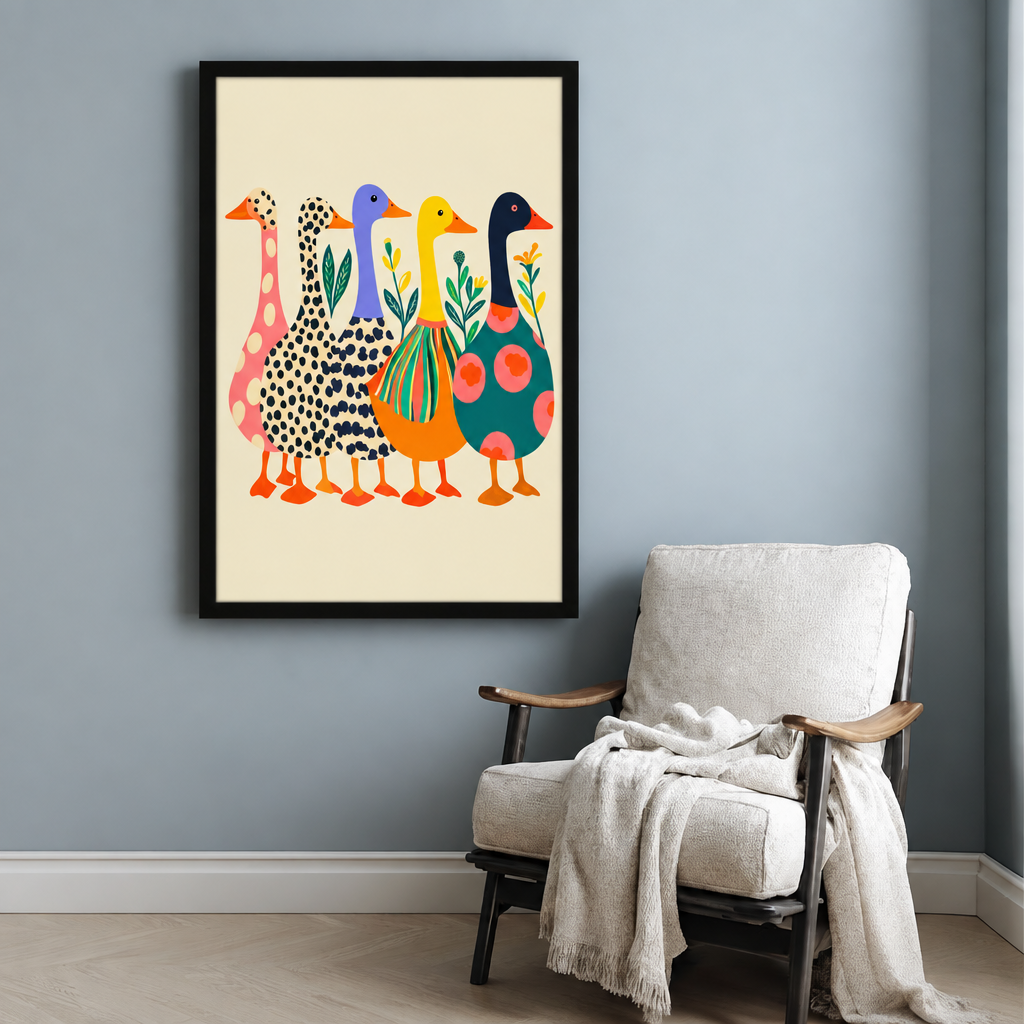 Folk art illustration of five colorful geese with polka dot striped and spotted patterns in pink blue yellow and teal funny animal wall art framed print beside armchair blue-gray wall