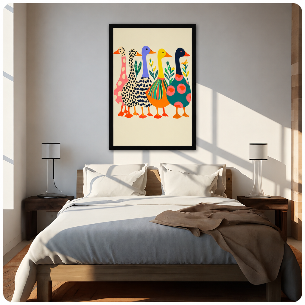 Folk art illustration of five colorful geese with polka dot striped and spotted patterns in pink blue yellow and teal funny animal wall art framed print above bed sunlit bedroom
