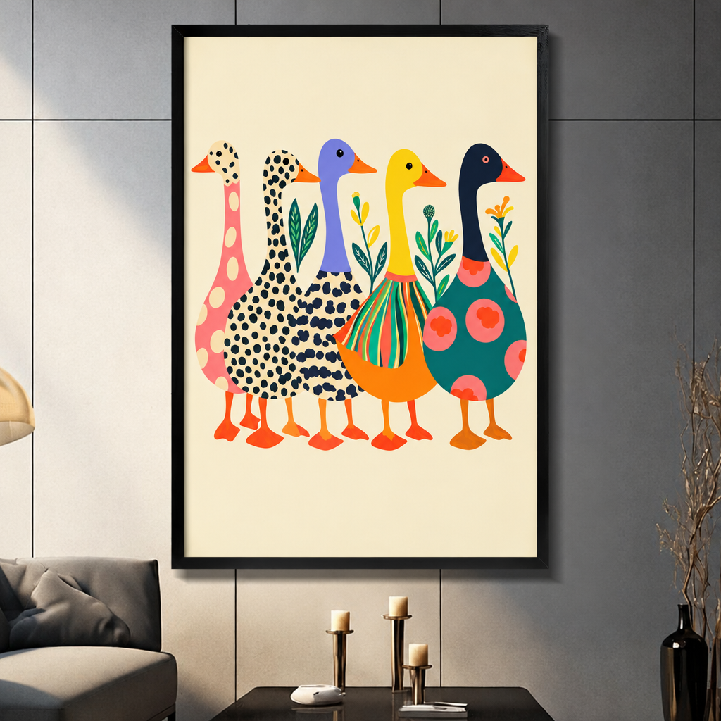Folk art illustration of five colorful geese with polka dot striped and spotted patterns in pink blue yellow and teal funny animal wall art framed print dark panel wall living room