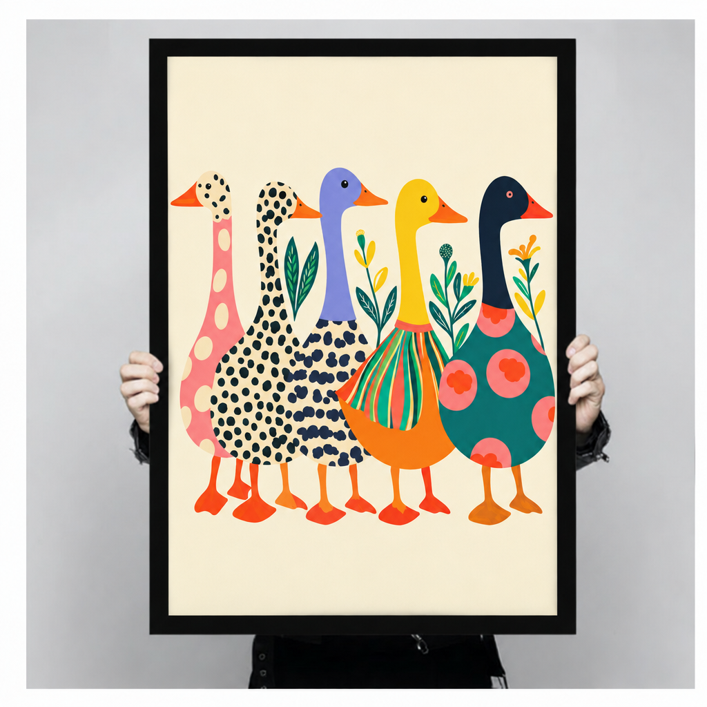 Folk art illustration of five colorful geese with polka dot striped and spotted patterns in pink blue yellow and teal funny animal wall art framed print held up