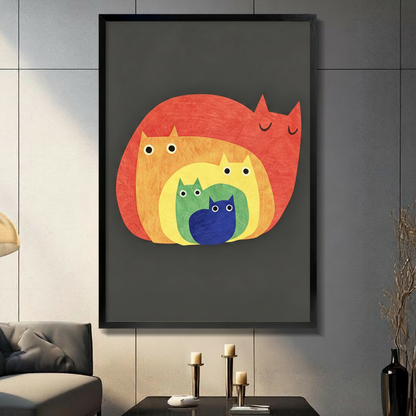 Black framed canvas wall art featuring five colorful nested cats in red, orange, yellow, green, and blue on a dark grey background, displayed in a modern living room above candles