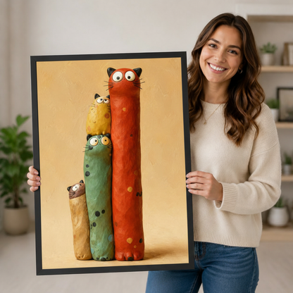 Woman holding a large framed whimsical wall art print showing three tall colorful cats with expressive eyes in red, teal, and yellow, demonstrating print size and premium black frame quality