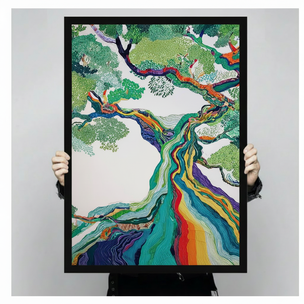 Person holding large colorful tree art print showing size reference with vivid rainbow trunk detail