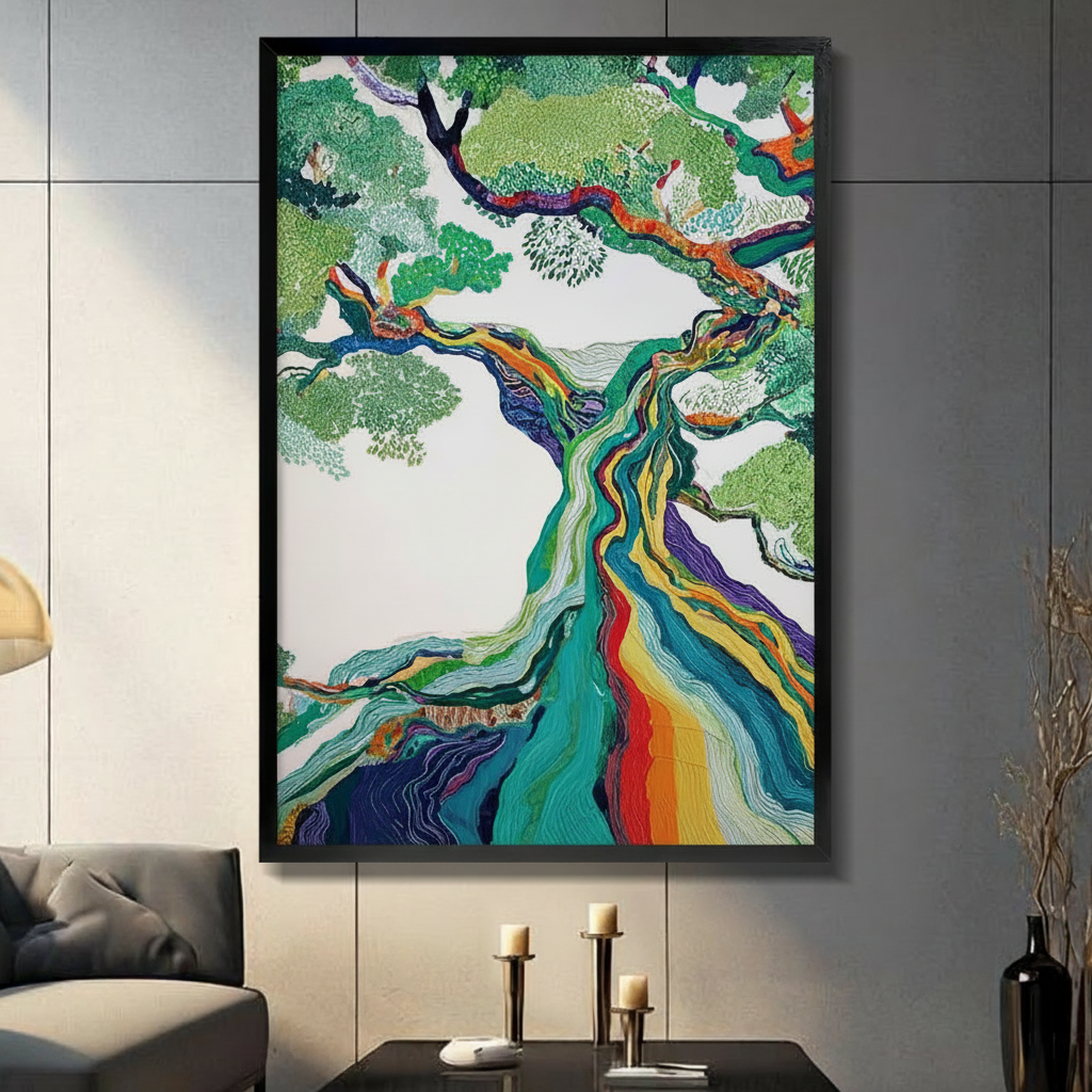 Colorful abstract tree wall art in black frame displayed in modern dark living room with candles