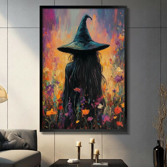 Colorful witch wall art displayed above a modern living room console with candles and a dark sofa.