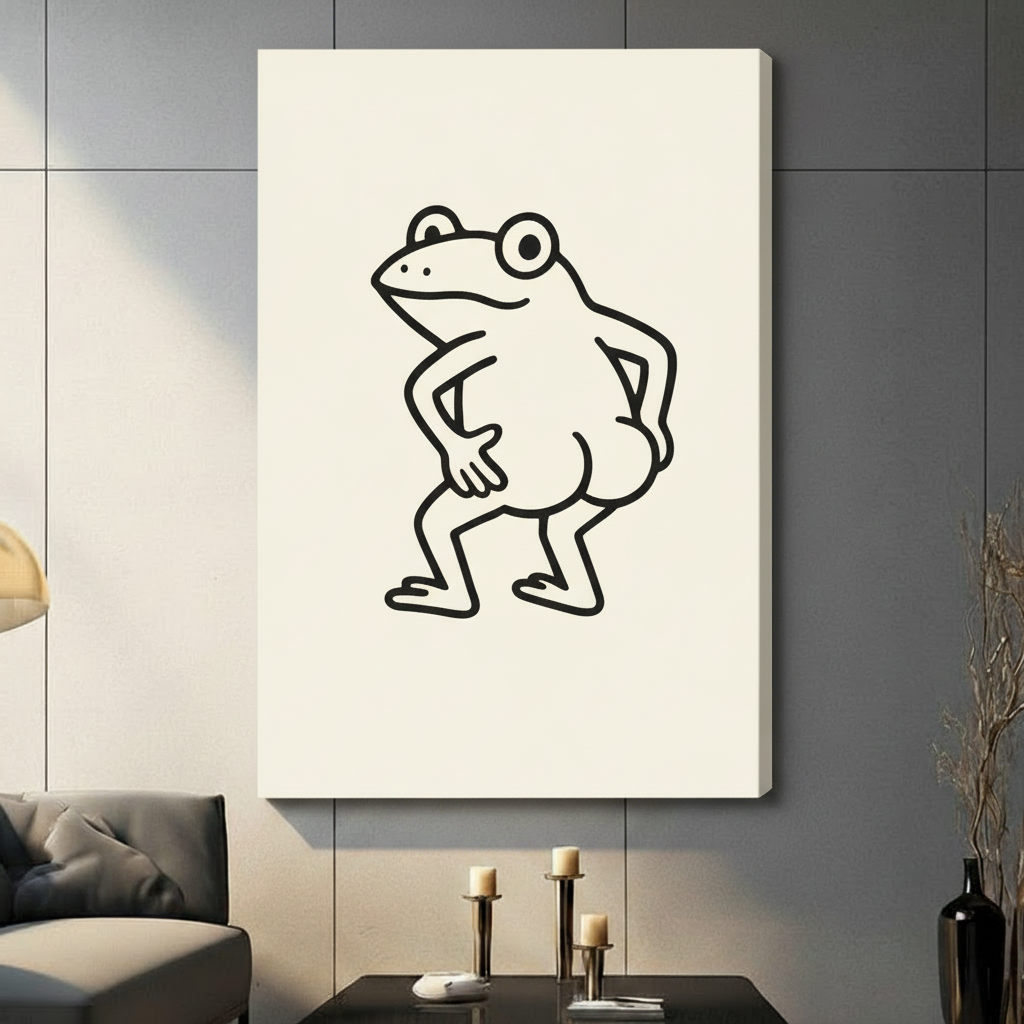 Minimalist frog line art framed canvas displayed in modern living room — black and white quirky animal print above gray sofa