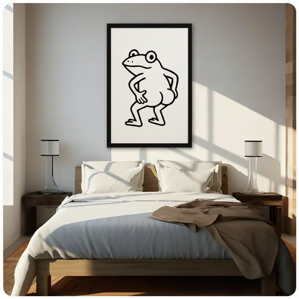 Minimalist frog line art  framed canvas in warm bedroom setting — quirky animal wall art with candle and table styling for cozy American home