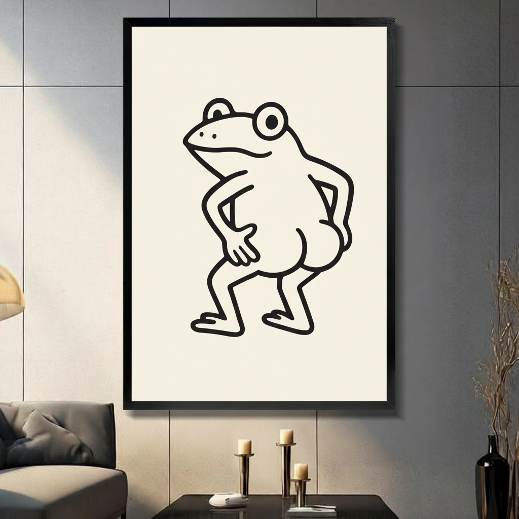 Confident frog minimalist line art canvas wall art — bold black outline frog on white background in black frame, hands-on-hips pose