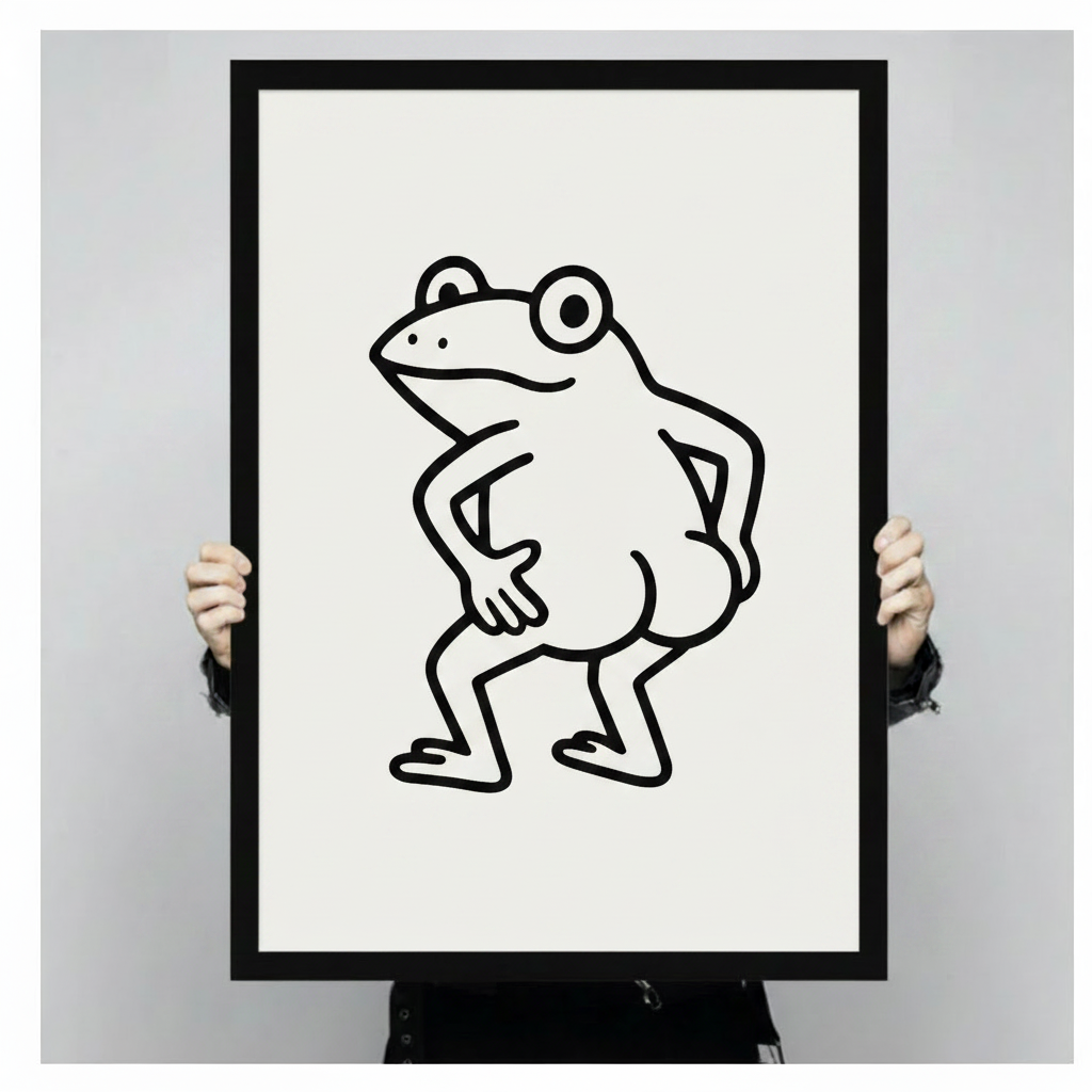 Confident frog framed canvas wall art held by hands — minimalist black line art on white background showing print size and quality

