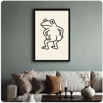 Funny frog canvas wall art in black frame hanging in contemporary American living room — bold minimalist line art beside floor lamp