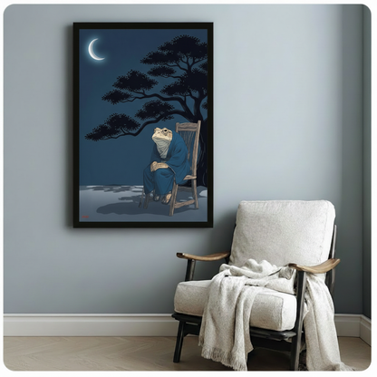 Contemplative frog in blue kimono moonlit night scene black framed poster hung on light blue grey wall beside armchair