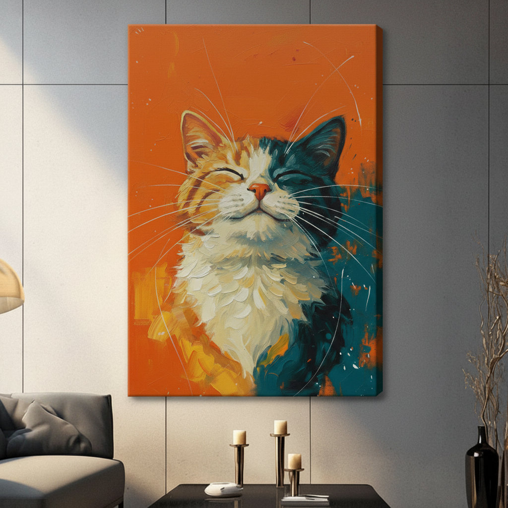 Close-up portrait of a fluffy cat with split orange and dark teal coloring tilting head back with eyes closed on a bold orange background expressive cat oil painting stretched canvas in a living room with gray sofa candle holders and black vase