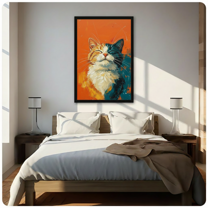 Expressive oil painting of a two-toned orange and teal cat with eyes closed and long white whiskers on a bold orange background modern cat portrait framed print above a bedroom with white linen bedding dark wood bed frame and white table lamps