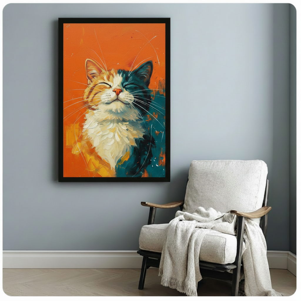 Blissful two-toned cat with orange tabby and teal fur long white whiskers and closed eyes on a vivid orange brushstroke background modern cat portrait framed print beside a white linen armchair with a cozy throw blanket
