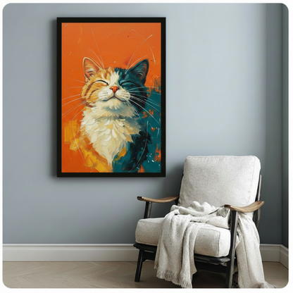 Blissful two-toned cat with orange tabby and teal fur long white whiskers and closed eyes on a vivid orange brushstroke background modern cat portrait framed print beside a white linen armchair with a cozy throw blanket