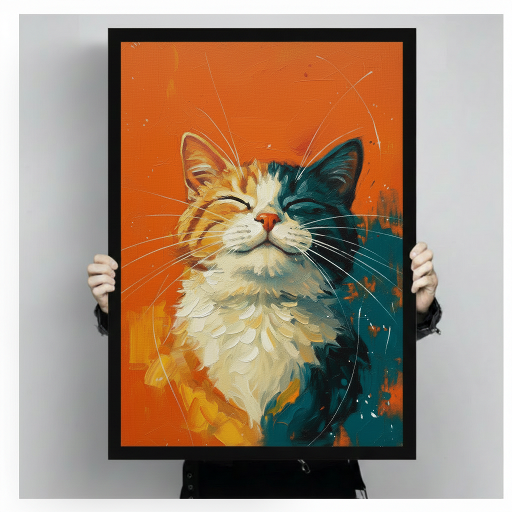 Split-face cat portrait half orange half teal with fluffy white chest and radiating whiskers eyes closed in bliss bold impasto cat wall art framed print held against a light gray background