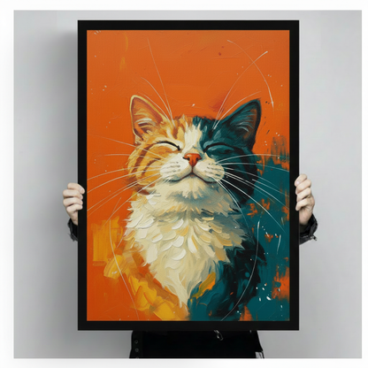 Split-face cat portrait half orange half teal with fluffy white chest and radiating whiskers eyes closed in bliss bold impasto cat wall art framed print held against a light gray background