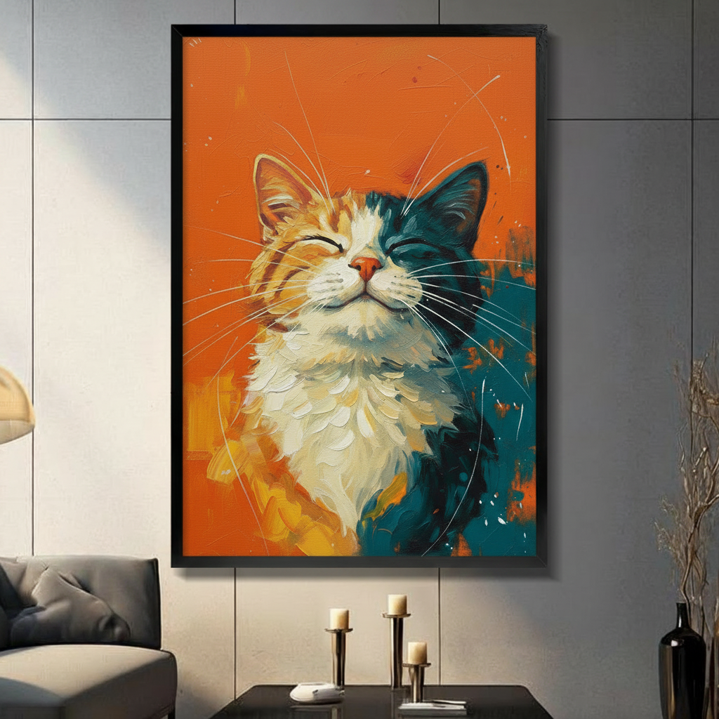 Two-toned cat with orange and teal fur eyes closed in contentment impasto oil painting portrait cat wall art framed print in a living room with gray tiled wall sofa candle holders and black vase