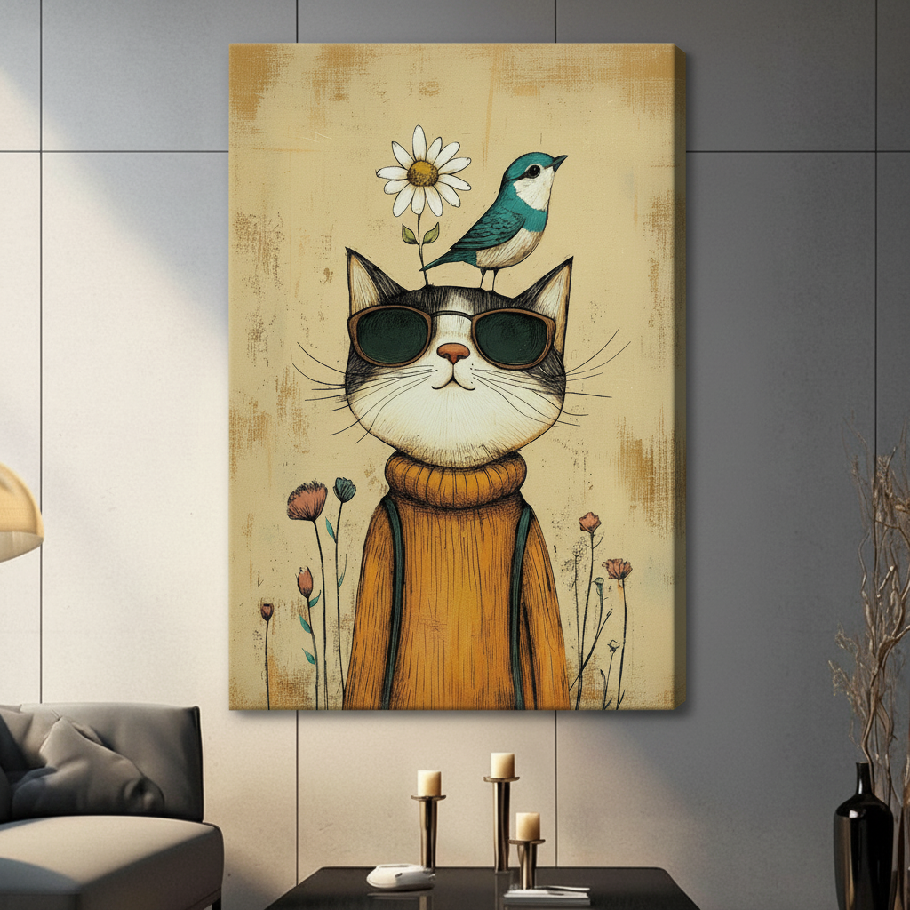 Gallery wrap canvas of stylish cat in orange turtleneck with teal bird and white daisy, retro folk art animal wall decor for living room
