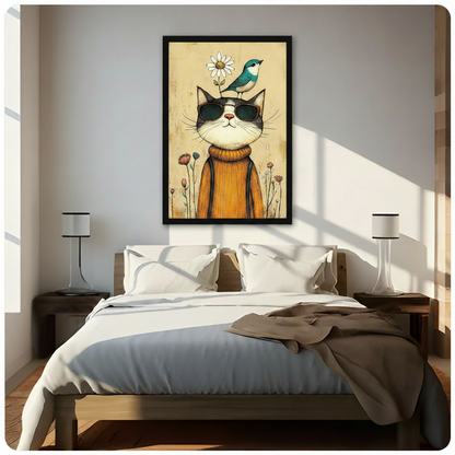 Framed retro cat in mustard sweater with bird and daisy wall art above bed in bright minimalist bedroom, quirky cat lover print for bohemian home decor